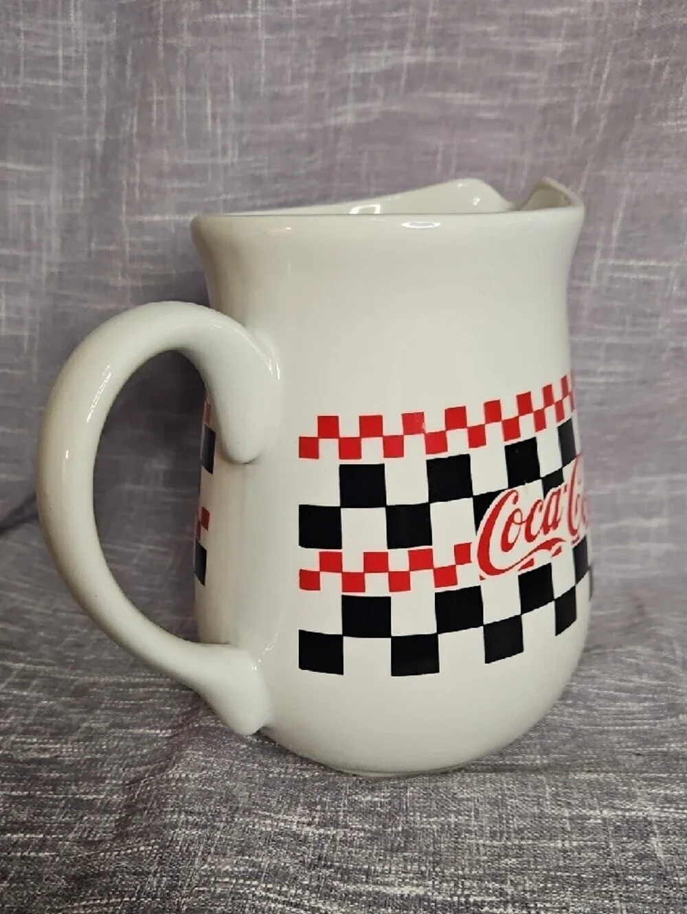Coca-Cola White Ceramic Pitcher with Red Logo and Black Checkerboard